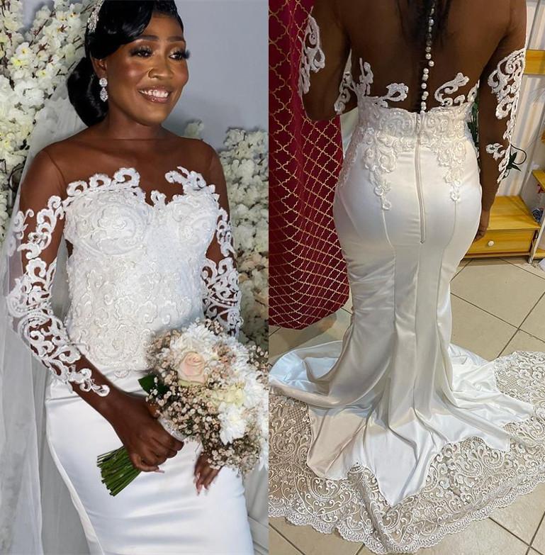 Plus Size Arabic Aso Ebi Sheer Neck Mermaid Wedding Dress Long Sleeves Lace Satin Vintage Sexy Bridal Gowns Dresses, White
Plus Size Arabic Aso Ebi Sheer Neck Mermaid Wedding Dress Long Sleeves Lace Satin Vintage Sexy Bridal Gowns Dresses, White