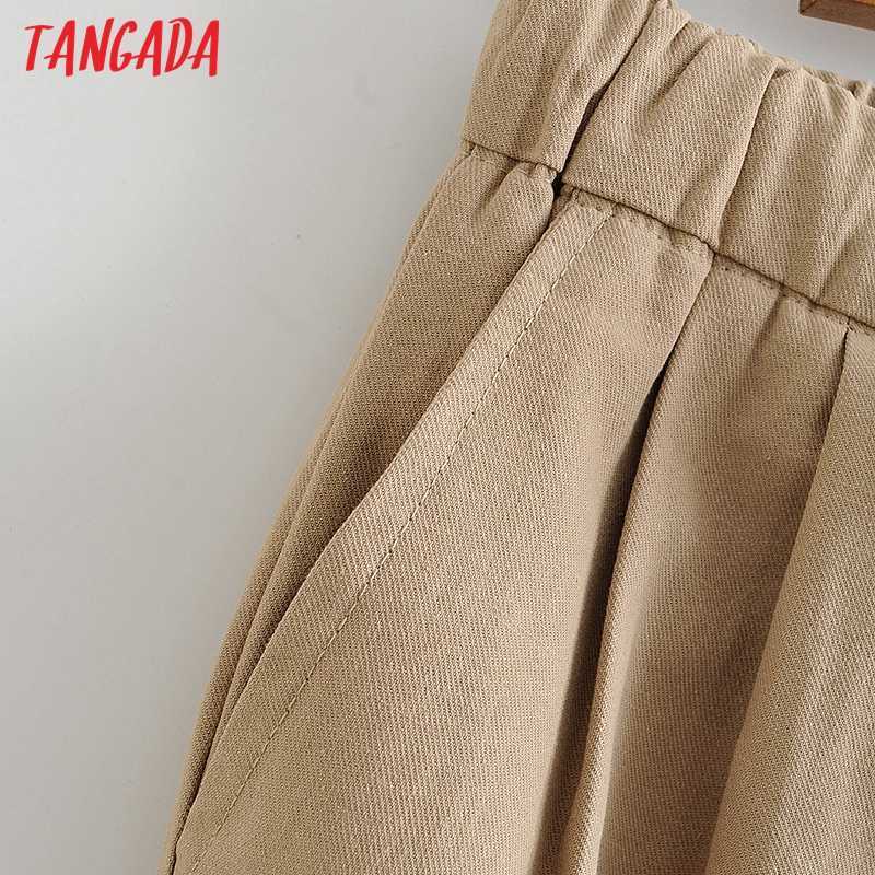 Tangada Fashion Women Cotton Linen Crop Pants Trousers Strethy Waist Pockets Female AI30 211115