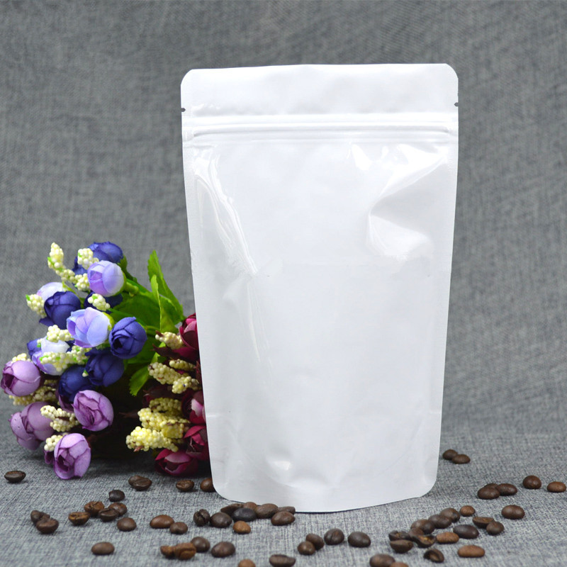 Thick Stand up Glossy White Pure Aluminum Foil Zip Lock Bag Doypack Resealable Chocolate Snack Candy Sugar Coffee Gift Heat Sealing Packaging Storage 
