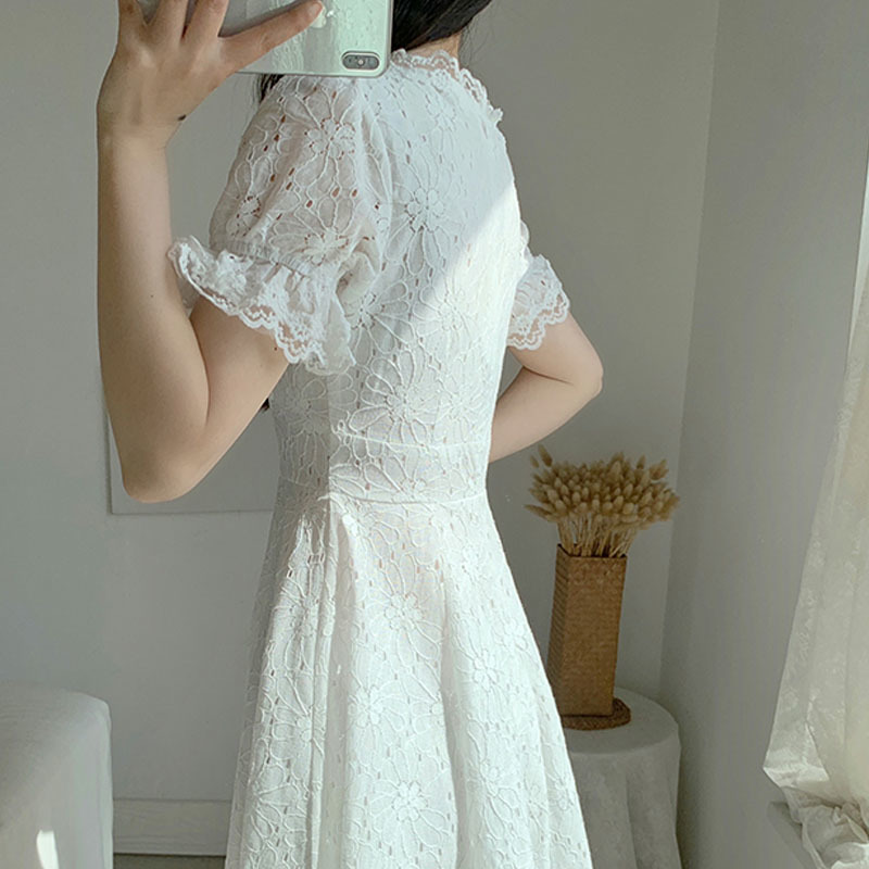 Vintage Elegant Dress Women Lace V-neck Dress Korean High Waist Evening Party Kawaii Fairy Dress Female Summer 210521