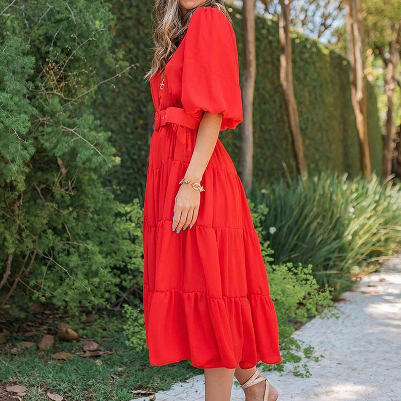 Women Dress V Neck Lantern Sleeve Bohemian es High Waist Large Hem Loose Casual Plus Size Summer Beach es 210513