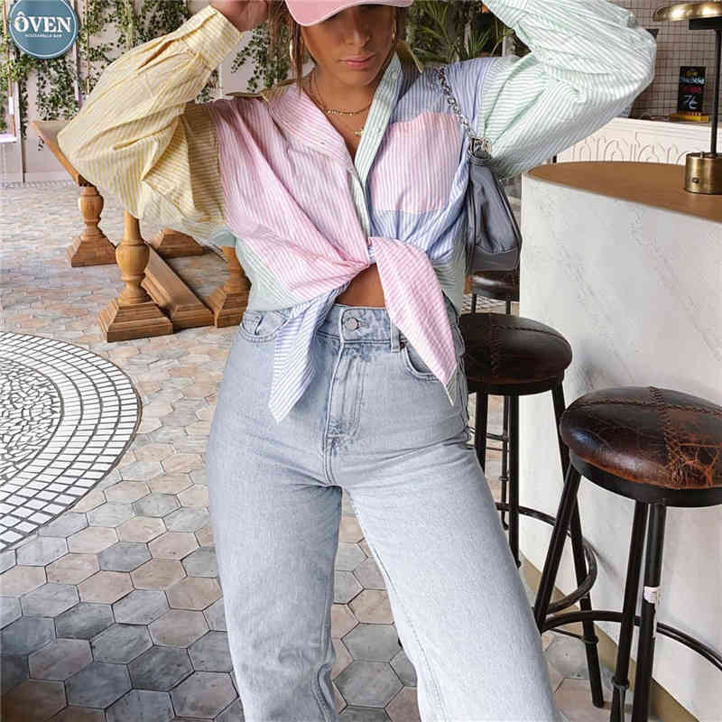 PUWD Casual Woman Loose Stripe Patchwork Shirt Spring Fashion Ladies Oversized Shirts Female Sweet Colorful Tops 210522