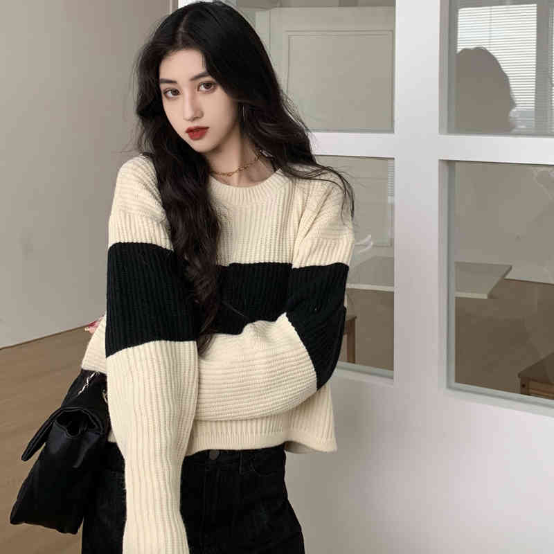 3 colors Autumn Winter Women Pullovers And Sweaters Jumper preppy style Striped Female Short knitted Sweater (C9839) 210423