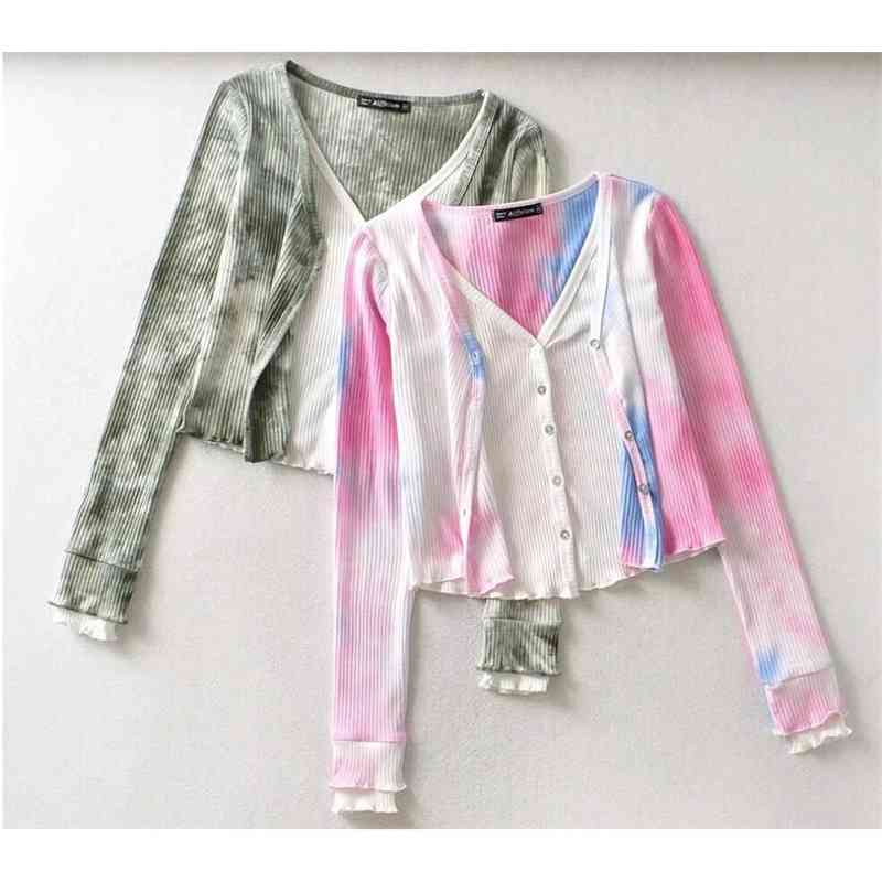 Women Knitted False 2pcs Tie dye Cropped Cardigan Sweater Vintage V neck Exposed navel Short Knitwear Long sleeve Jumper Tops 210429