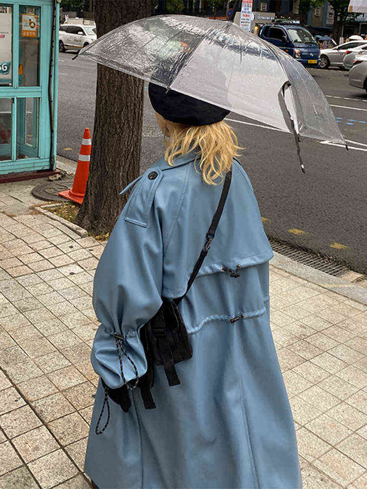 Nerazzurri Autumn Oversized blue long leather trench coat women raglan sleeve drawstring Loose casual waterproof raincoat 211130