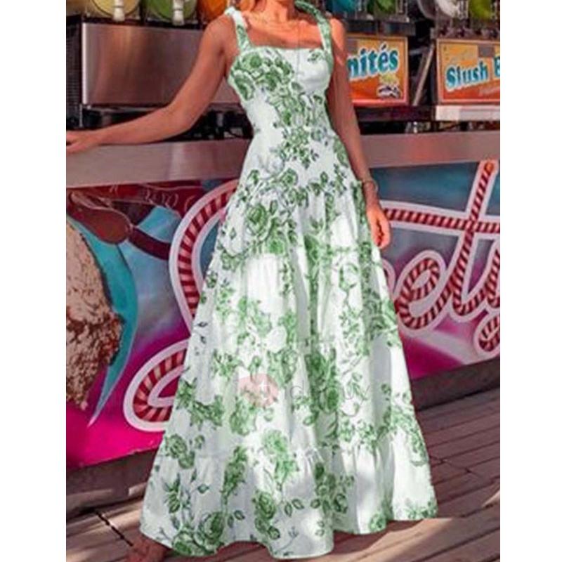Women's Sexy Slim Dress Summer Casual Spaghetti Strap Square Collar Floral Print Backless Dresses