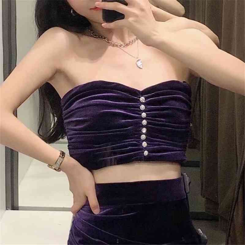 Sexy Women Purple Velvet Backless Camis Fashion Ladies Diamond Button Tops Sweet Female Chic Draped Short 210430