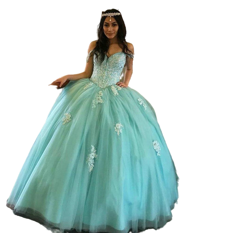 Light Green 16 Ball Gown Quinceanera Dresses Off Shoulder Appliques Lace Beads Floor Length Brithday Prom Party Wear Princess masquerade Sweet 15 Dres