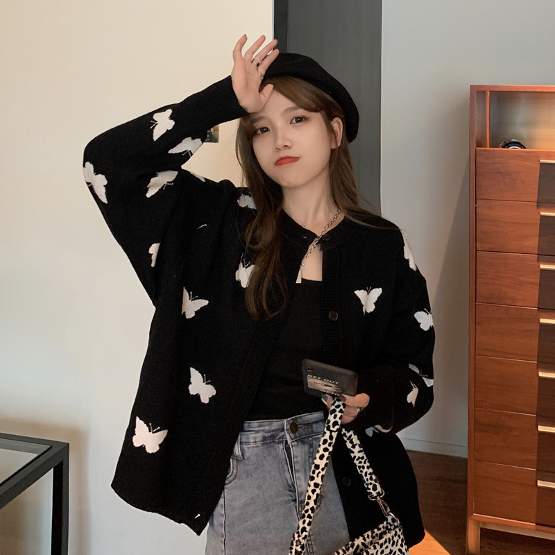 Nomikuma Women Sweater Coat Korean Cartoon Butterfly Long Sleeve Knitted Jakcet Autumn Winter Causal O-neck Cardigans 6C001 210427