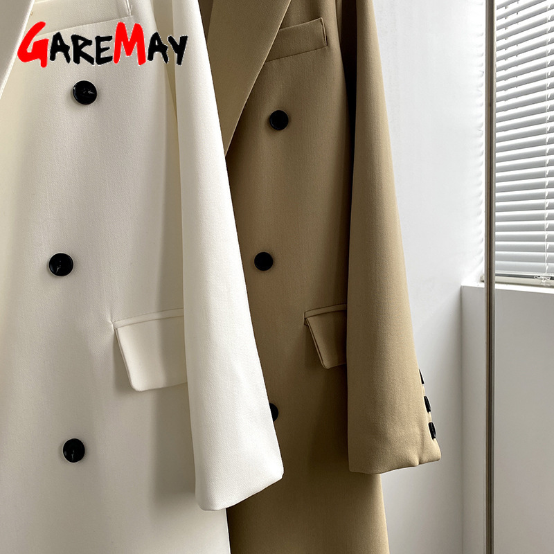 Women's Blazers Fashion Khaki Blazer Casual with Buttons Elegant V Neck Vintage Suit Jacket Long Female Oversize Classic 210428