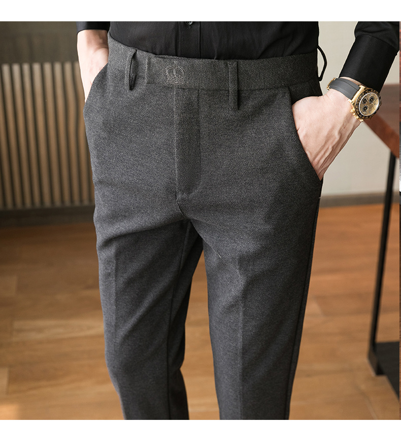 Fall Winter Wool Warm Dress Embroidered Pants Grey Khaki Formal Pants For Men