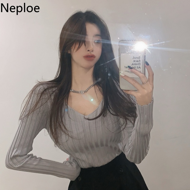 Neploe Knitted Pullovers Long Sleeve V-neck Sweaters Women Korean Fashion Coat Tops Slim Fit Solid Color Sueter Mujer 94712 210422