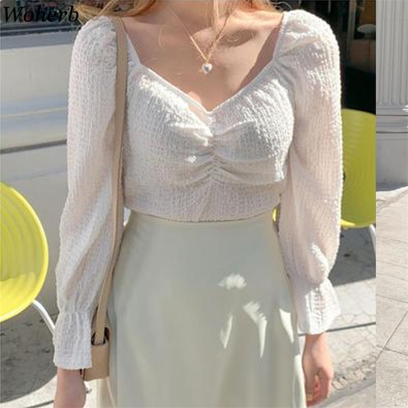 Korean Sweet Temperament Blouses Women Summer Flare Sleeve Bubble Cotton Shirts Chic V Neck Slim Fit White Tops 210519
Korean Sweet Temperament Blouses Women Summer Flare Sleeve Bubble Cotton Shirts Chic V Neck Slim Fit White Tops 210519