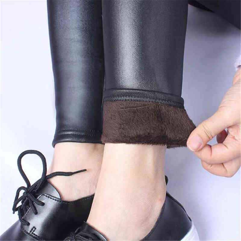 YSDNCHI Winter Leather Leggings Women Pants Elastic High Waist Warm Leggin Thick Velvet Black Push Up 211204