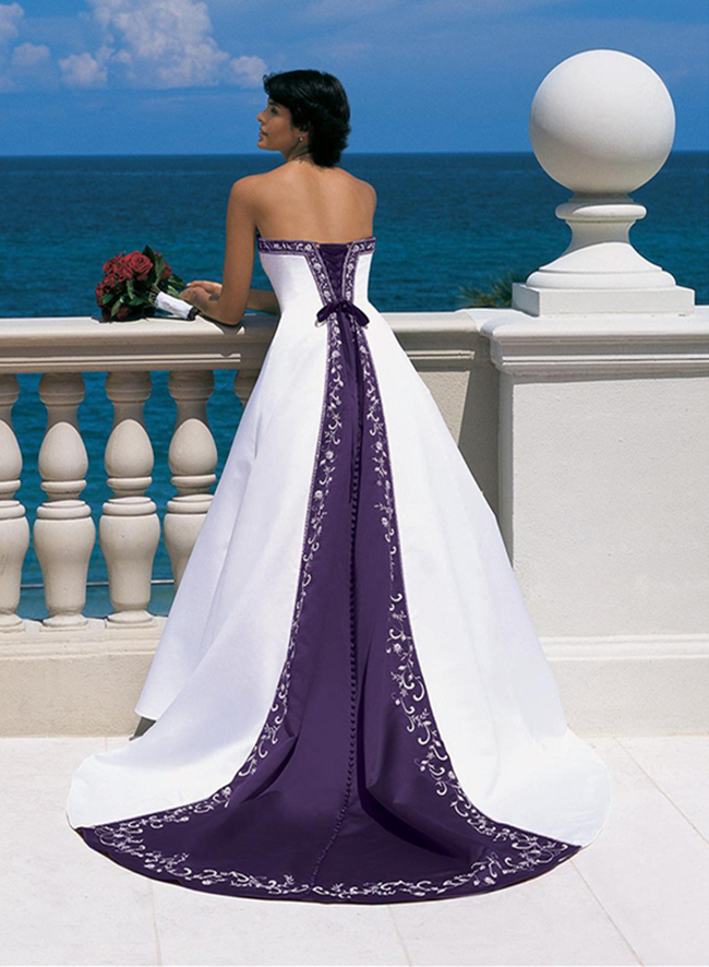 Vintage Rustic Satin Embroidery Wedding Dress White And Navy 2022 Plus Size Strapless Lace-up Court Train Bride Gowns Color Matched A Line Long Weddin
