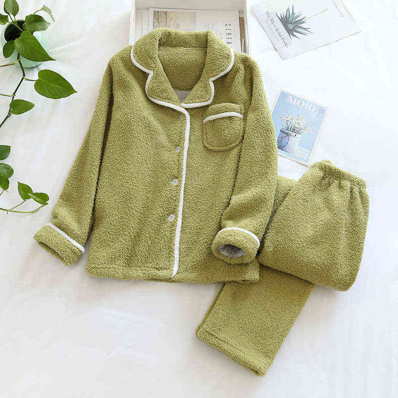 Japanese style autumn and winter ladies plus size sheep wool warm pajamas suit Shu Mianmao simple home service pijamas women 211109