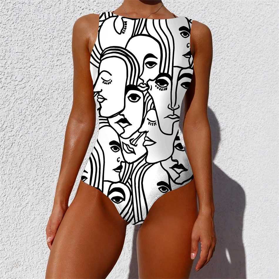 Striped Women Swimsuit High Quality Swimwear Printed Push Up Monokini Summer Bathing Suit Tropical Bodysuit Female 210611