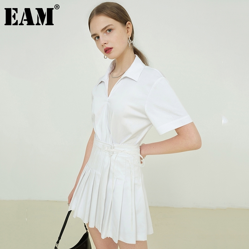 [EAM] Women White Bandage Pleated Big Size Shirt Dress Lapel Short Sleeve Loose Fit Fashion Spring Summer 1DD8955 210512