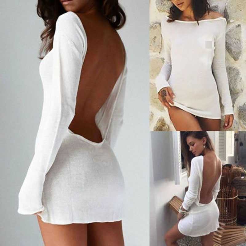 Kayotuas Women Dress Sexy Solid White Beach Summer Bikini Cover-Ups Mesh Backless Mini Long Sleeve Slim Beachdress 210522