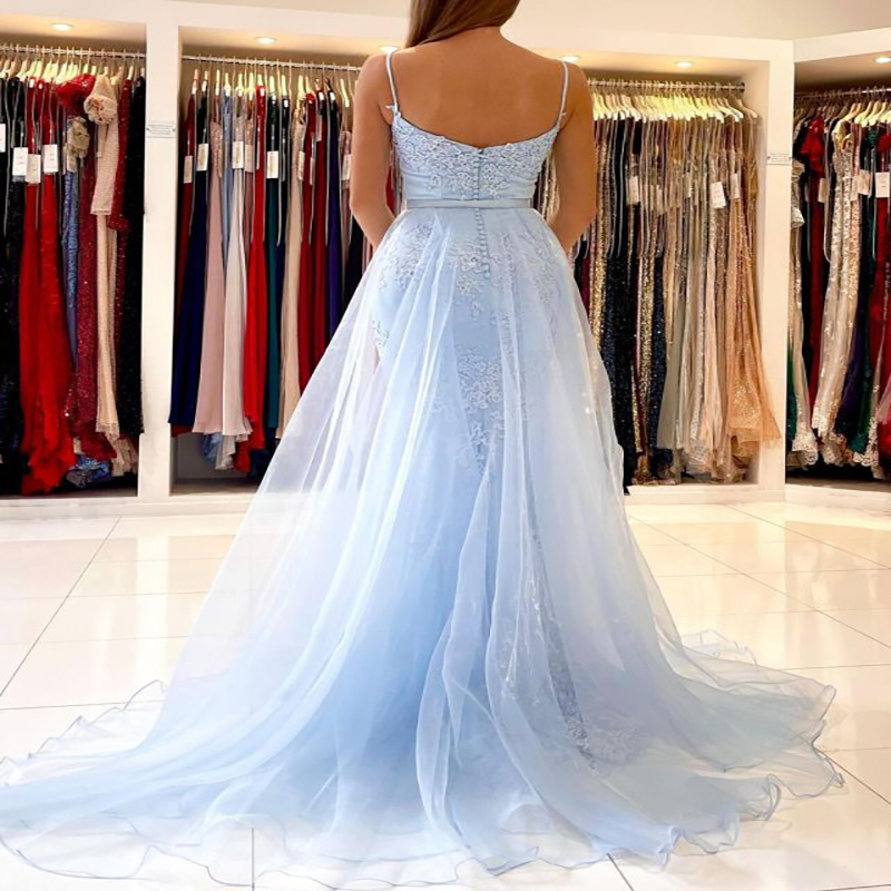 Baby Blue Mermaid Evening Dress With Overskirt Train Sexy Spaghetti Straps Lace Plus Size Prom Dresses 2021 Long Formal Party Gown Robes De Soirée