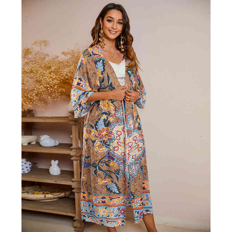 Boho Printed Bikini Wrap Cover-ups Sexy 3/4 Sleeve Summer Kimono Dress Women Plus Size Beach Wear Swim Suit Cover Up A855 210420