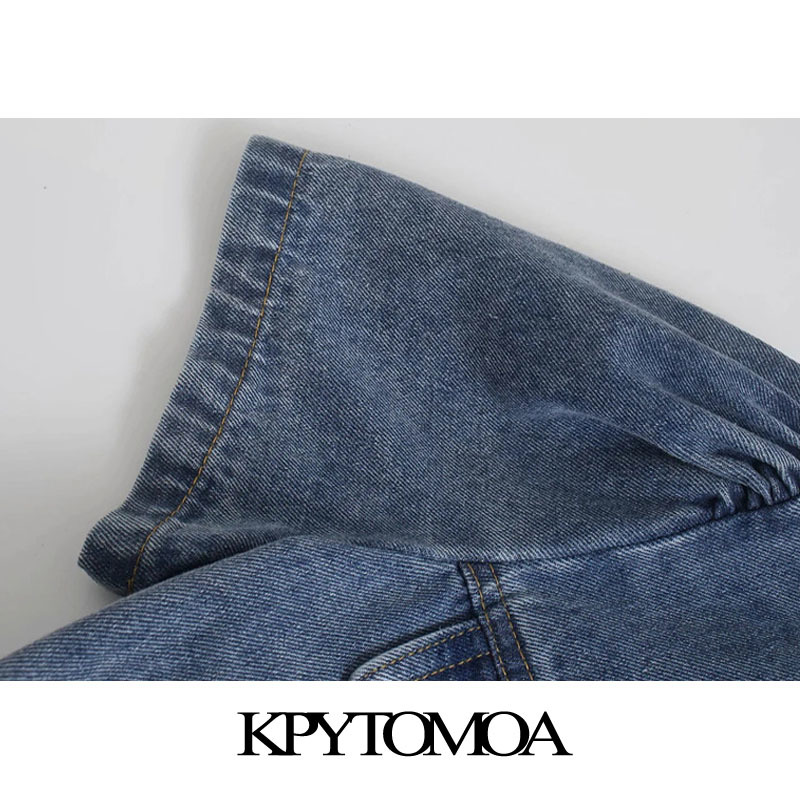 Women Fashion With Elastic Hem Ruffle Cropped Denim Blouses Puff Sleeve Button-up Female Shirts Chic Tops 210420