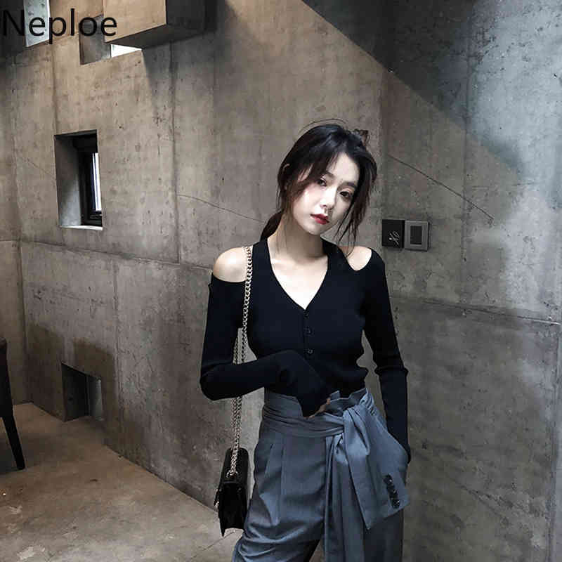 Neploe Off Shouder Halter Sweater Women Sexy V-neck Knitted Black Cardigan Korean Chic Sueter Slim Long Sleeve Sueter Tops 4G381 210422