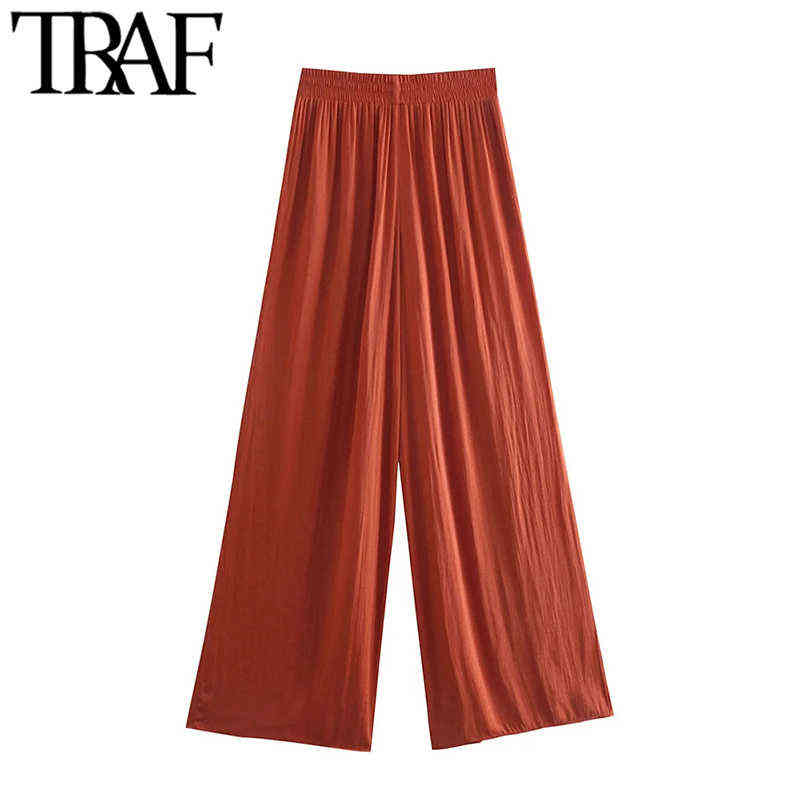 TRAF Women Chic Fashion Side Pockets Soft Touch Wide Leg Pants Vintage High Elastic Waist Female Trousers Mujer 211115