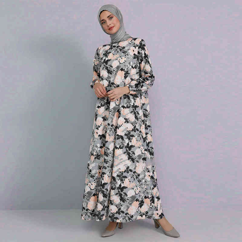 Women Floral Print Ankle Length Shirt Dress Long Sleeve Retro es Female Party 's Muslim 210428