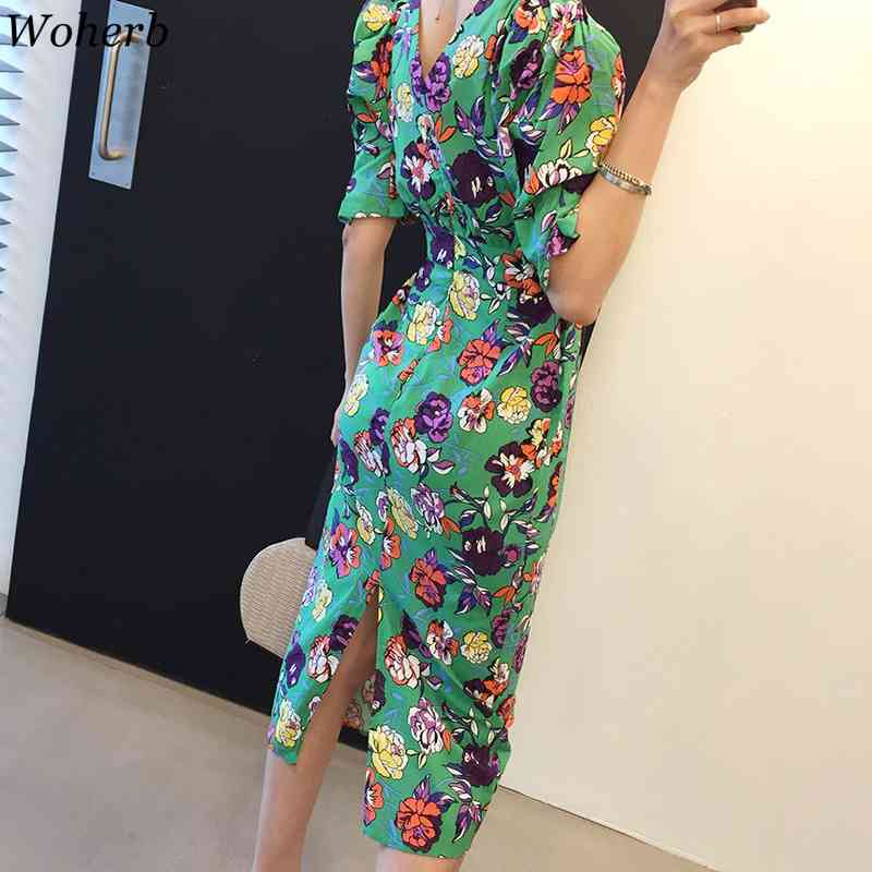 Summer Dresses Print Floral Bandage V Neck Sexy Bodycon Vestidos Short Puff Sleeve Sweet Beach Style Robes Femme 210519