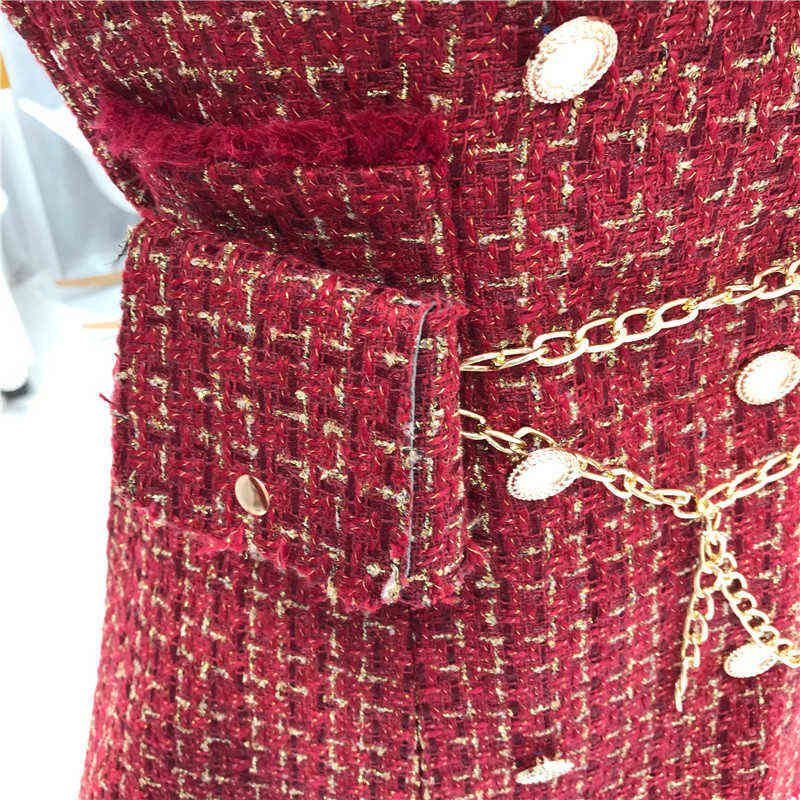 Gold thread Plaid Suit Coat Women Notched Double breasted Feather Tassel Trim Slim Tweed Jacket With Free Belt bag 211104