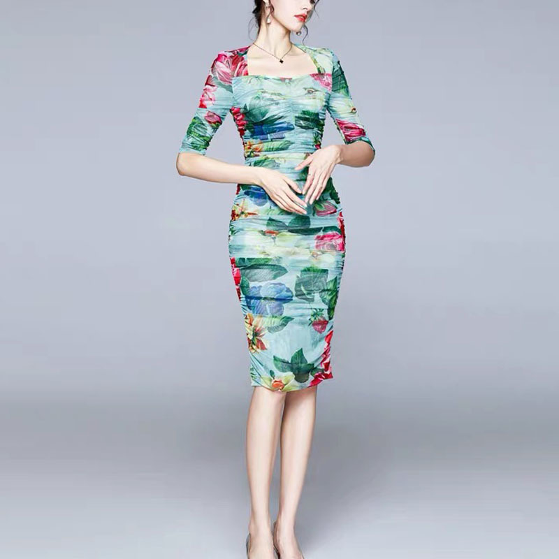 vintage sexy slim bodycon rose flower printed square collar midi dresses for party dinner night mesh floral vestidos robe 210421