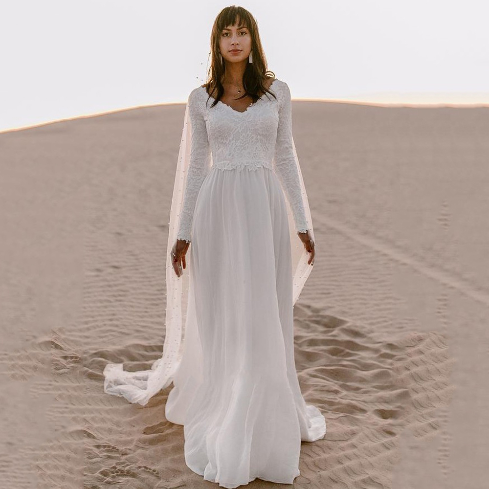 Boho Beach Chiffon Wedding Dress Custom Long Sleeves V Neck Backless Bohemian Bridal Gowns SweepTrain robe de soirée de mariage, Ivory
Boho Beach Chiffon Wedding Dress Custom Long Sleeves V Neck Backless Bohemian Bridal Gowns SweepTrain robe de soirée de mariage, Ivory