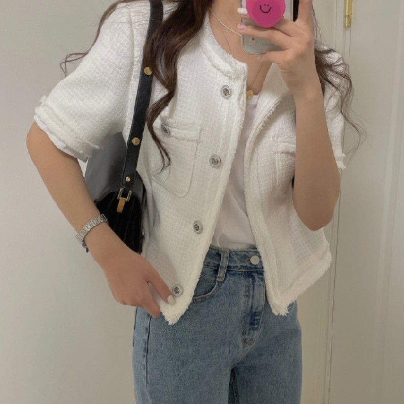 Summer Women Small Fragrance Tweed Short Sleeve Outerwear Chic Single Breasted Korean Casual Jacket Coat Female 210518