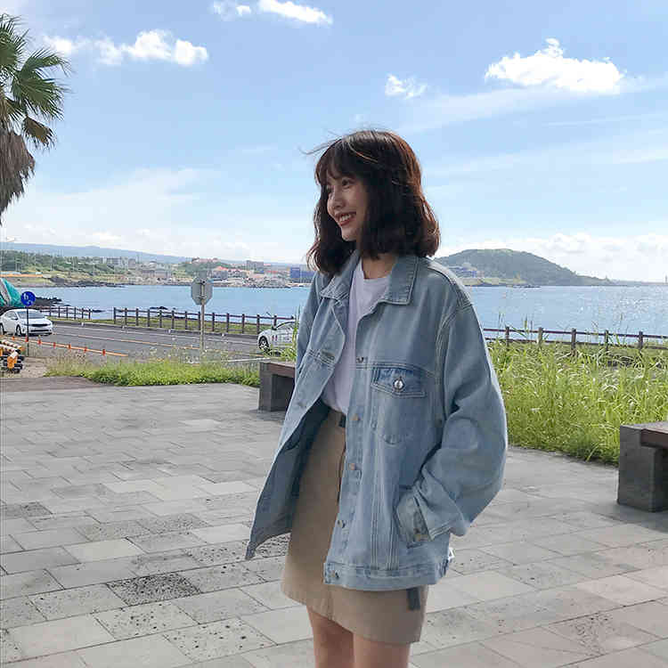 light blue Jeans Jacket Women loose vintage Denim Jacket Femme preppy style Bomber Jacket Basic Coats womens (F6398) 210423