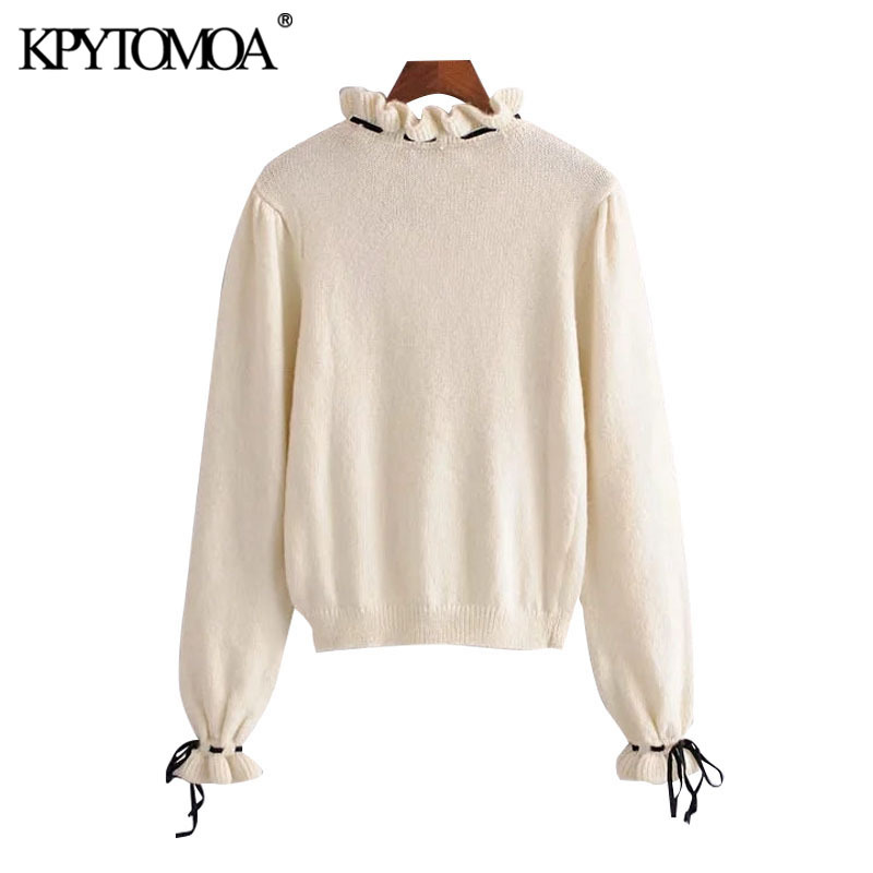 Women Fashion With Bows Hollow Out Knitted Sweater High Neck Long Sleeve Female Pullovers Chic Tops 210420