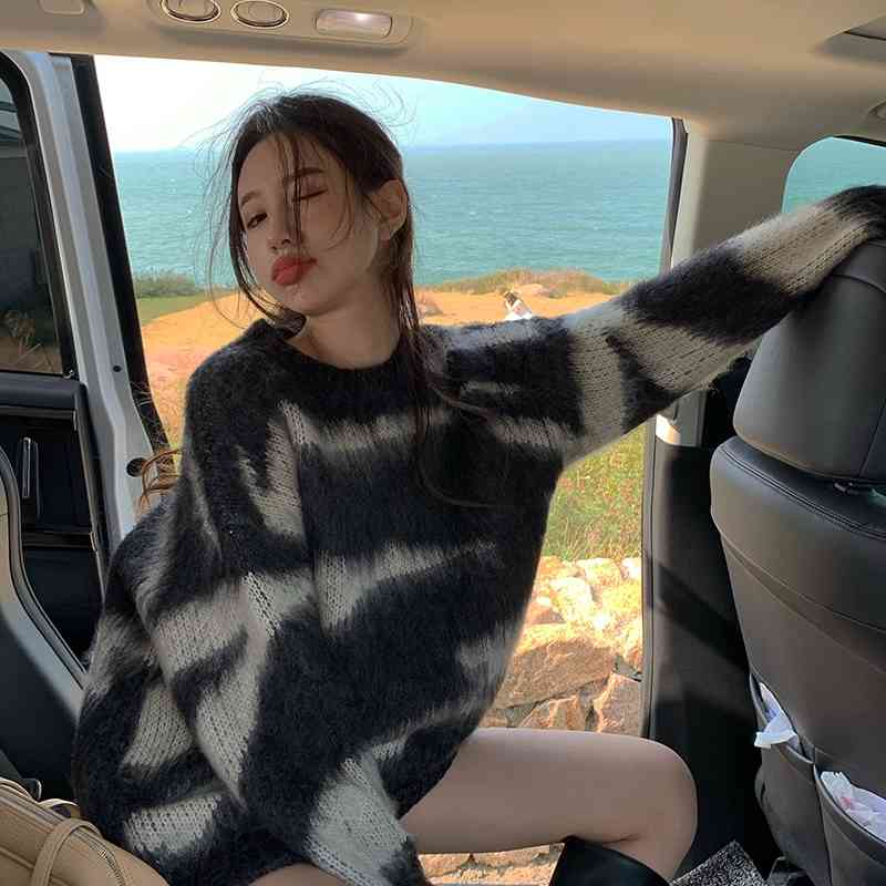 2 Colors autumn and winter casual mohair knitted sweaters womens stripe soft sweaters and pullovers womens (R99461) 210423