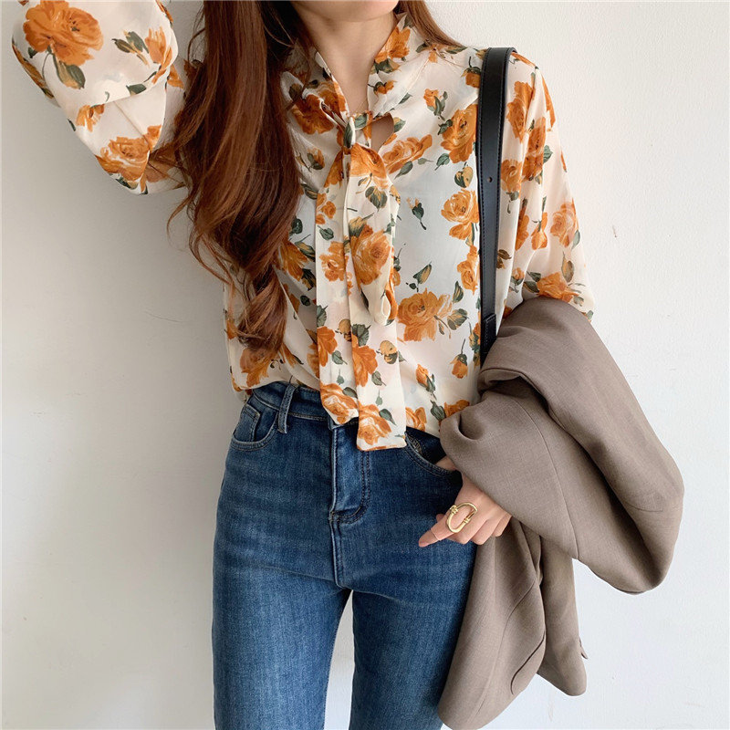 Brief Streetwear Korea Florals Retro All-Match Gentle Print Fresh Arrival Chic Office Lady Basic Shirts 210421