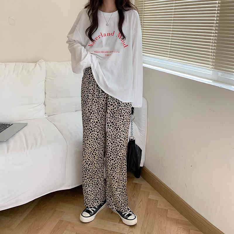 Summer Thin Loose High Waist Straight Leopard Print Wide-leg Pant Women Casual Retro Streetwear Pantalones De Mujer Fashion 210429