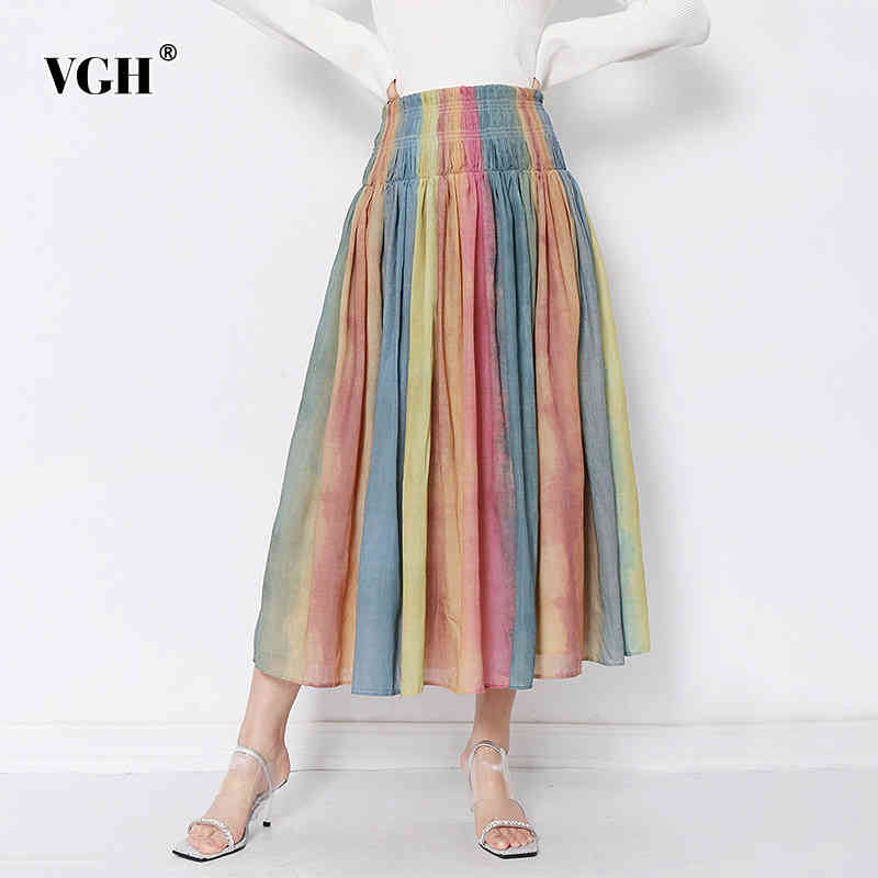 VGH Hit Color Striped Skirt For Women High Waist Elegant Casual Midi Skirts Female Fashionable New Clothing Spring Tide 210421