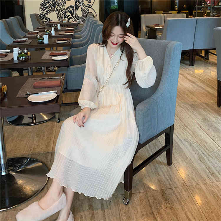 Elegant Midi Dress Women Office Lady V-neck Casual Long Sleeve Dress Female French Vintage Dress Korean Autumn 210521