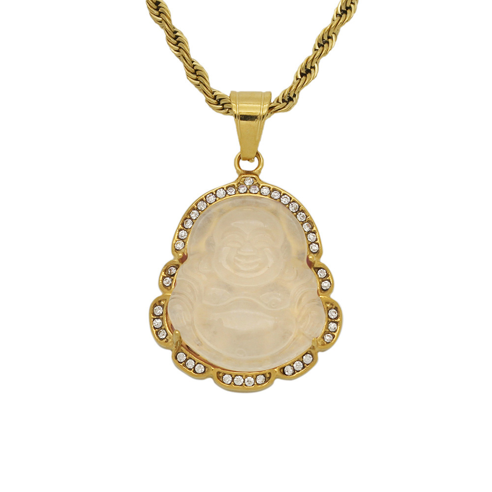 Green Jade Jewelry Laughing Buddha Pendant Chain Necklace For Women Stainless Steel 18k Gold Plated Amulet Accessories Mothers Day Gift