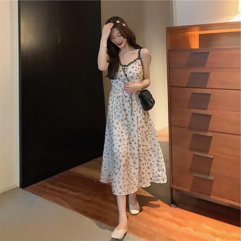 Summer Spaghetti Strap Floral Dress Women Slim Sleeveless Flower Midi Vintage Dress Female Party Dress Korean Y2k 210521