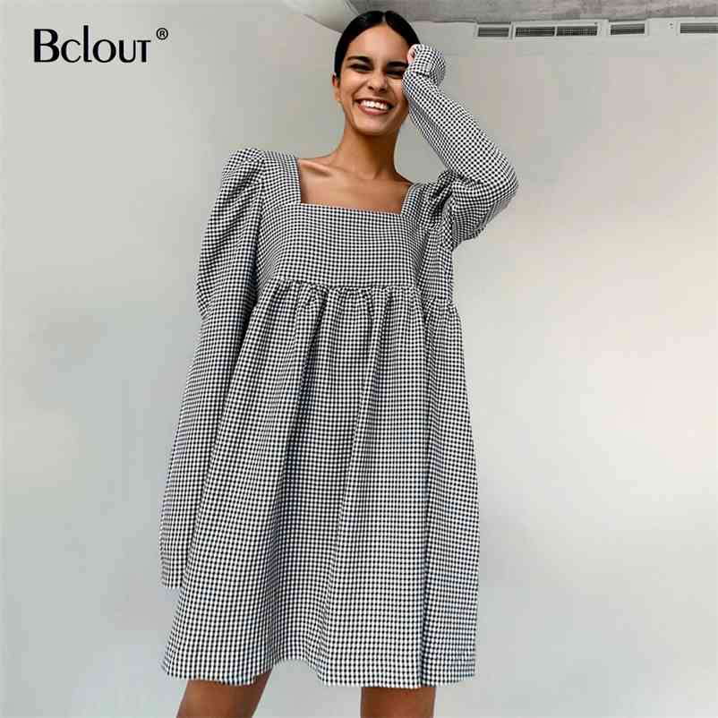 Bclout Black White Plaid Dress Vintage Puff Sleeve Mini Dress Woman Autumn Square Collar Casual Lady Vestido Zipper Sexy 210409
