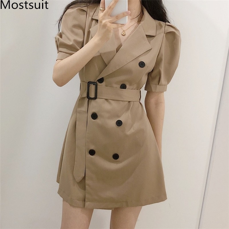 Summer Korean Vintage Double-breasted Suit Dress Women Puff Sleeve Notched Collar Belted Mini Dresses Fashion Solid Vestido 210518, Black
Summer Korean Vintage Double-breasted Suit Dress Women Puff Sleeve Notched Collar Belted Mini Dresses Fashion Solid Vestido 210518, Black