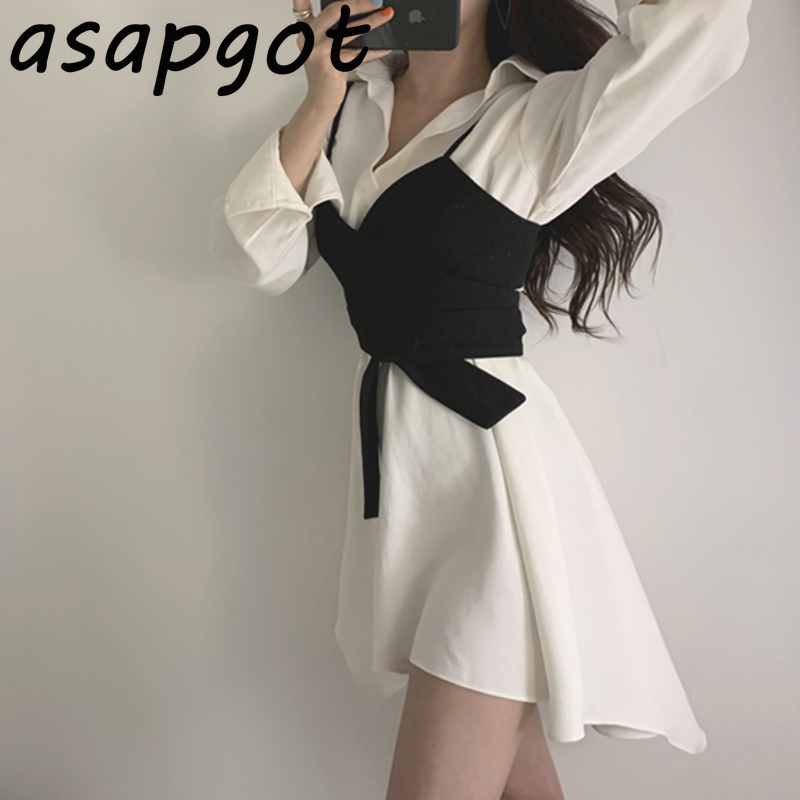 Sexy Camisole Tops Chic Retro Slim Fashion Waist Solid Turn Down Collar Irregular Shirts Dress Women Office Lady Temperament 210429