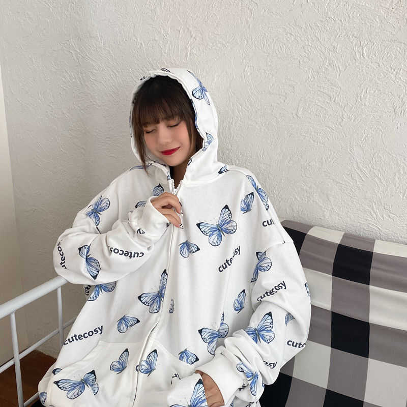 Summer Harajuku Butterfly Hoodie With Zipper Women Sweatshirt Spring Oversized Hoodies Outerwear Plus Size 210910
