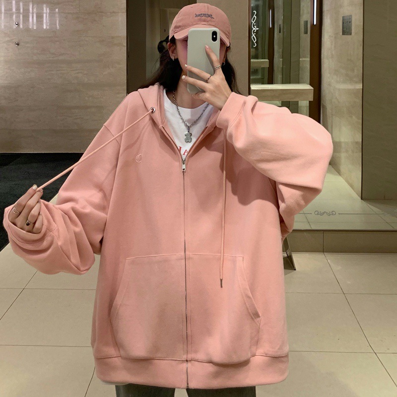 Women Korean Style Hoodie Zip-up Harajuku Oversized Solid Pocket Hooded Sweatshirts Autumn Long Sleeve Loose Baseball hoodie