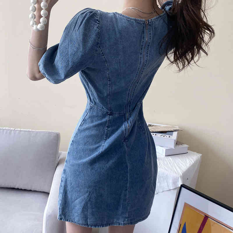 South Korean chic French vintage square collar bubble sleeve side-pressed pleat trim show thin irregular bag hip denim dress 210429