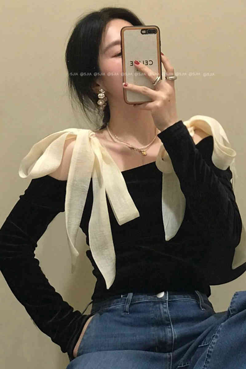 Bow Bandage Off Shoulder Long Sleeve Blouse Women Elegant Patchwork Black Tops Shirt Korean Fashion Blusas 210519